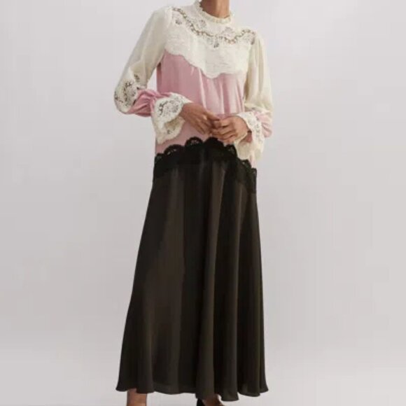 ME+EM Women's Brown Silk Colour Block Lace Maxi Dress + Belt - Picture 1 of 12
